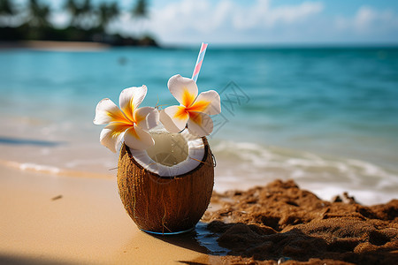 沙滩椰子清澈的夏日饮品背景