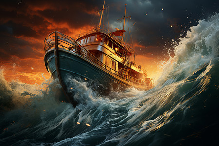 激流回旋风雨中的艰难挑战轮船插画