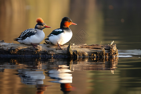 湖畔夕阳野停靠在木头上的鸭子图片