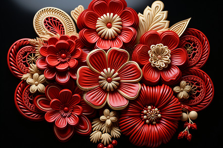 黑色饰品素材红花与结美丽的雕塑饰品设计图片