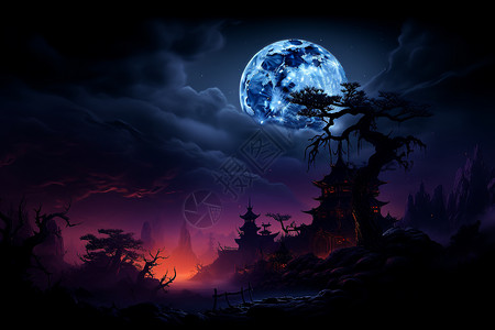 黑暗恐怖神秘的月夜插画