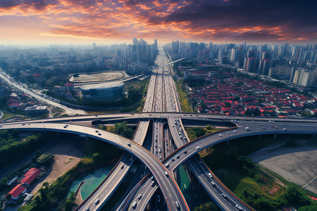 夕阳下的高速公路交叉口全景背景图片