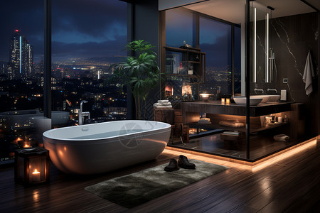 未来主义科技夜幕下的城市浴室之窗背景