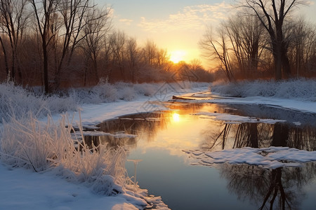 冰雪河岸上的夕阳余晖图片