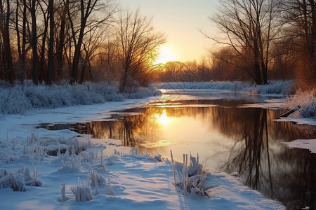 夕阳下积雪的河流图片