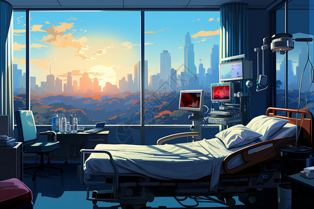 城市夕阳全景医院护士的画像与城市夕阳插画