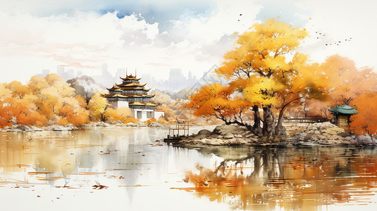 大美秋景中国式建筑插画