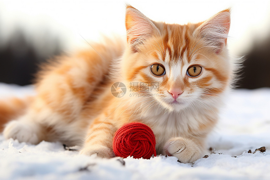 小猫咪与红毛线球嬉戏图片