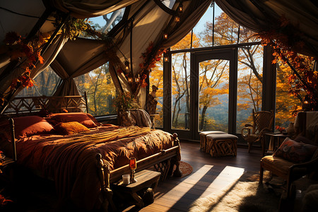 秋日森林小屋卧室图片