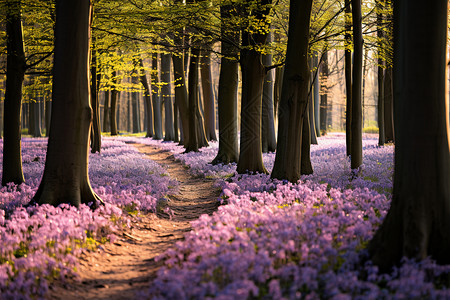 美丽乡村行森林中的紫色时钟花背景