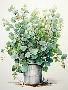 金属花瓶植物优雅的盆栽植物插画