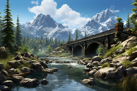 山脉河流的绘画图片