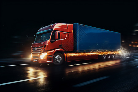 夜间行驶卡车在高速路上飞速行驶设计图片