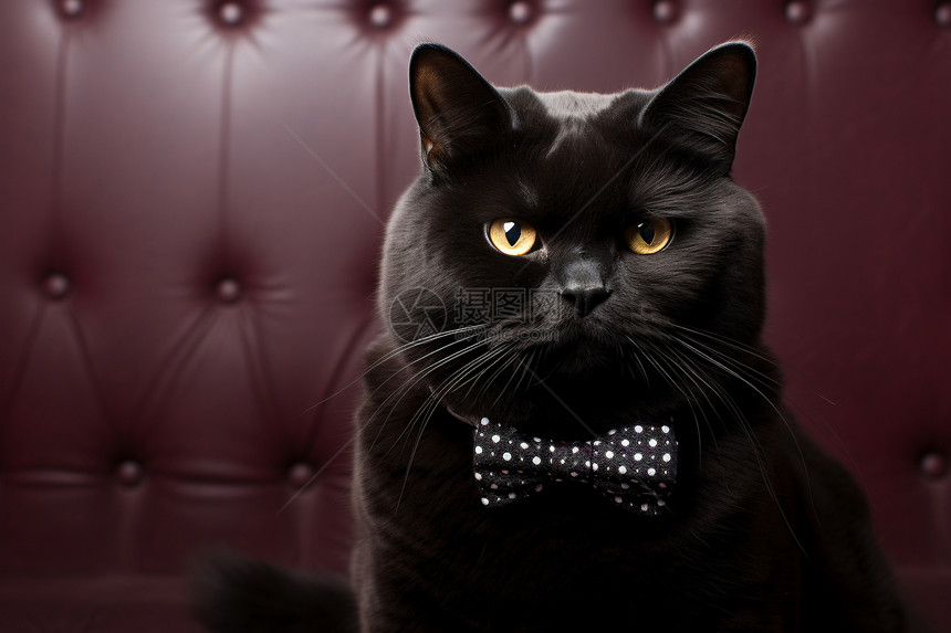 戴着黑色蝴蝶结的猫咪坐在沙发上图片