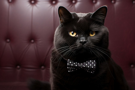 带蝴蝶结黑猫戴着黑色蝴蝶结的猫咪坐在沙发上背景