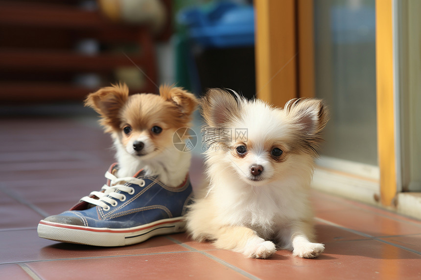 两只小狗坐在地板上图片