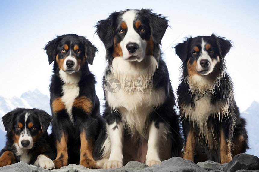 四只狗狗坐在岩石上图片