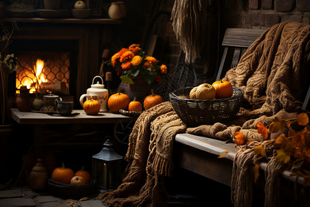 万圣节茶壶温暖的秋日室内背景