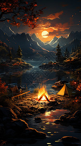 夜晚的帐篷和篝火高清图片