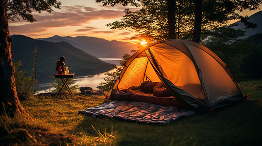 夕阳下的营地帐篷图片