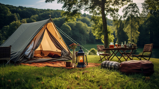 营地帐篷草坪户外桌高清图片