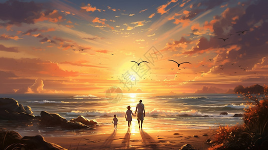 沙滩上的一家人背景图片