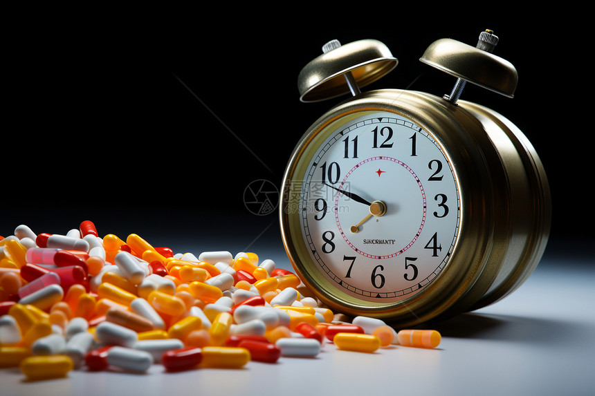 药丸旁边的钟表图片