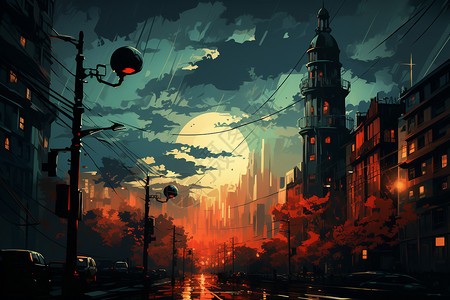 城市街道之夜照片标题: 精确监控：智能城市中的红灯之夜插画