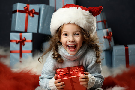 礼物堆前的小女孩背景图片