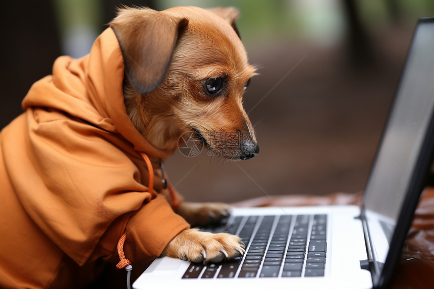 可爱小狗在电脑前工作图片