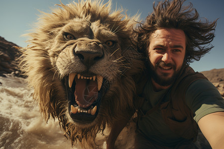 动物学家与狮子背景