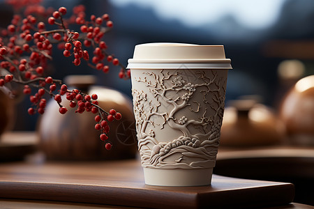 咖啡浆果中国风的3D杯子设计图片