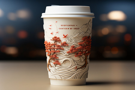 雕刻桌面精致的咖啡杯设计图片