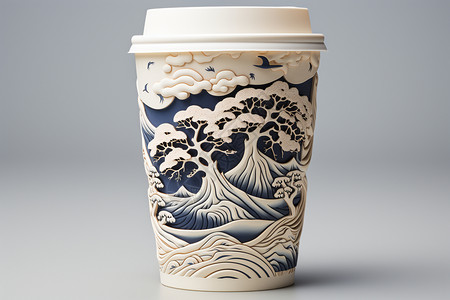 雕刻花纹水墨山水图案的杯子设计图片