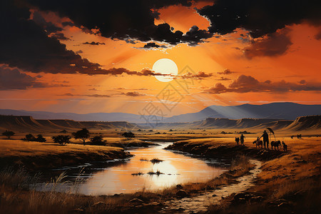 夕阳下的内蒙古草原插画