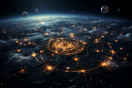 城市卫星星光点点的地球夜景插画
