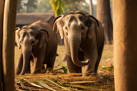两只大象从林中穿过背景图片