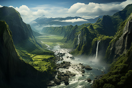 风景壮美山水瀑布与山脉的壮美插画