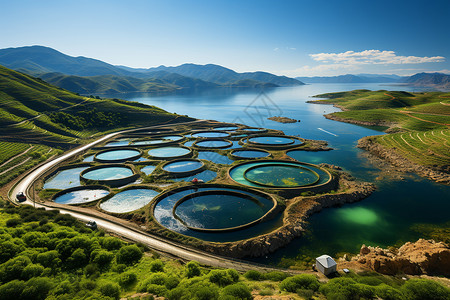 环形绿色湖畔渔场静谧照片背景