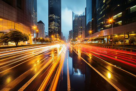 城市夜景中的繁忙交通高清图片