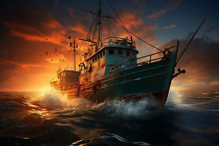 渔船返航时壮丽日落图片