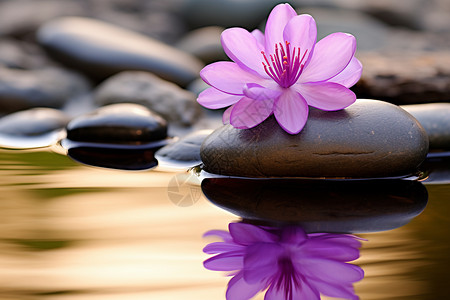 水中石头紫色花朵亭立水中背景