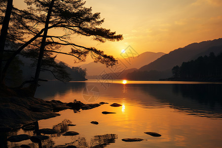 夕阳映照下的湖泊美景图片