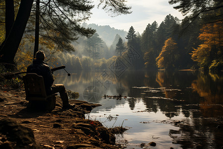 湖畔钓鱼的宁静高清图片