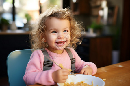 用小勺吃麦片的小女孩高清图片