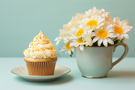 一杯蛋糕和花摆在桌子上背景图片
