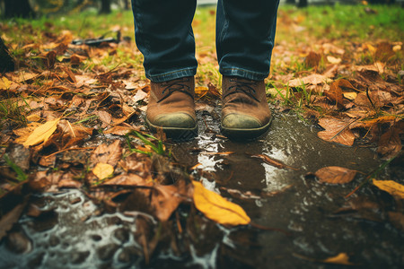 秋季鞋履孤单迷失的雨中人背景
