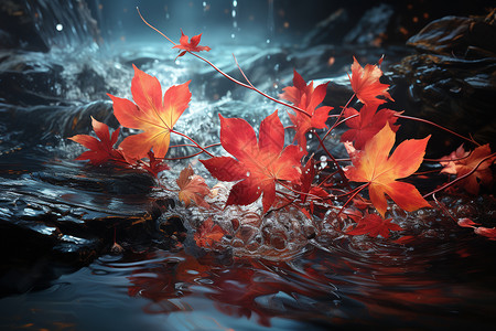 红叶浮动的自然美景背景图片