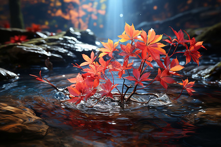 红枫叶与水的自然美景背景图片