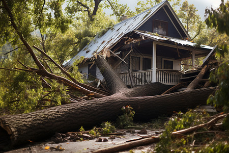 森林居民荒废建筑上一棵倒下的大树背景